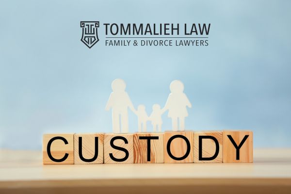 a cut out of a family standing on top of blocks spelling the word "custody"